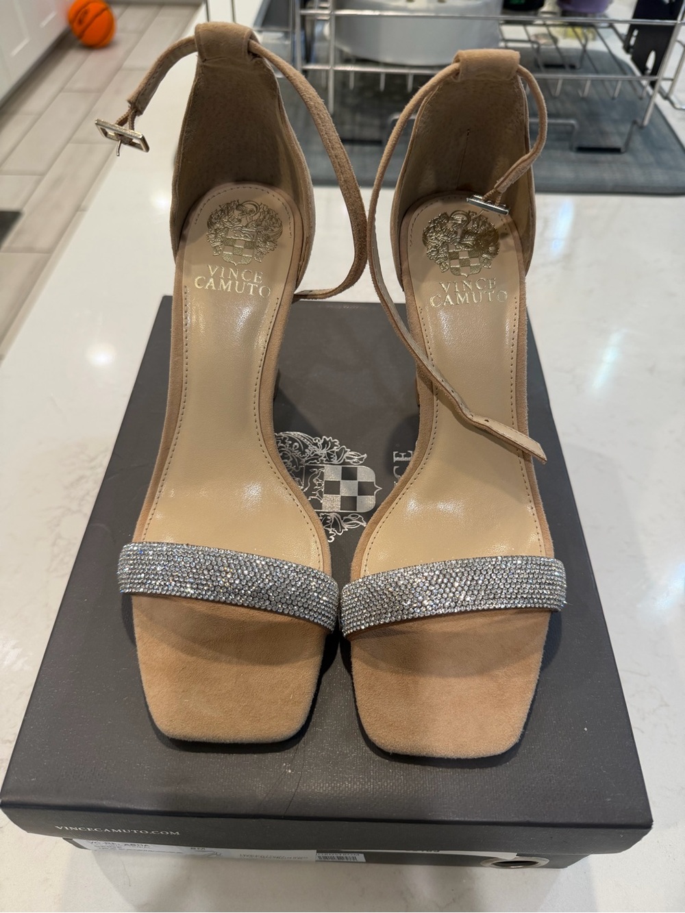 Vince Camuto Tan Suede Ankle-Strap Heels with Crystal Toe Band